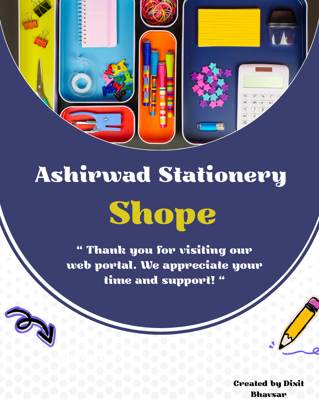 Colorful banner showing pencils, notebooks, and art supplies arranged artistically on a bright yellow background